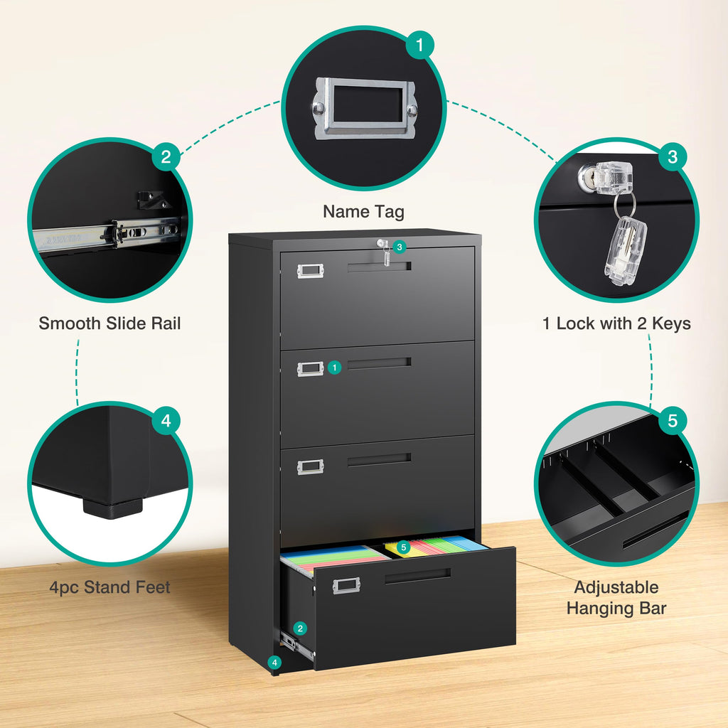 Black 4 Drawer Metal Lateral File Cabinet with Lock H2820