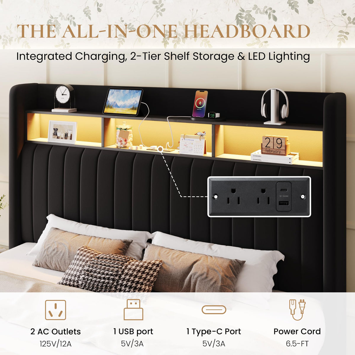 Full Size Velvet Upholstered Platform Bed Frame with Storage Shelf I7326