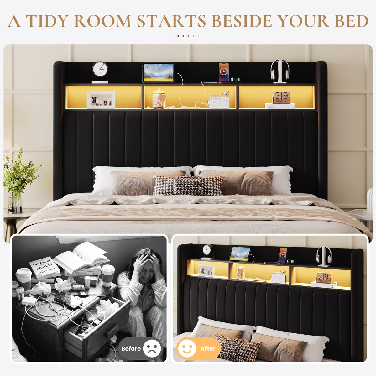 Full Size Velvet Upholstered Platform Bed Frame with Storage Shelf I7326