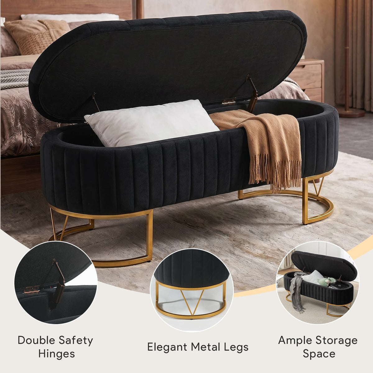 Black Velvet Upholstered Storage Bench L422