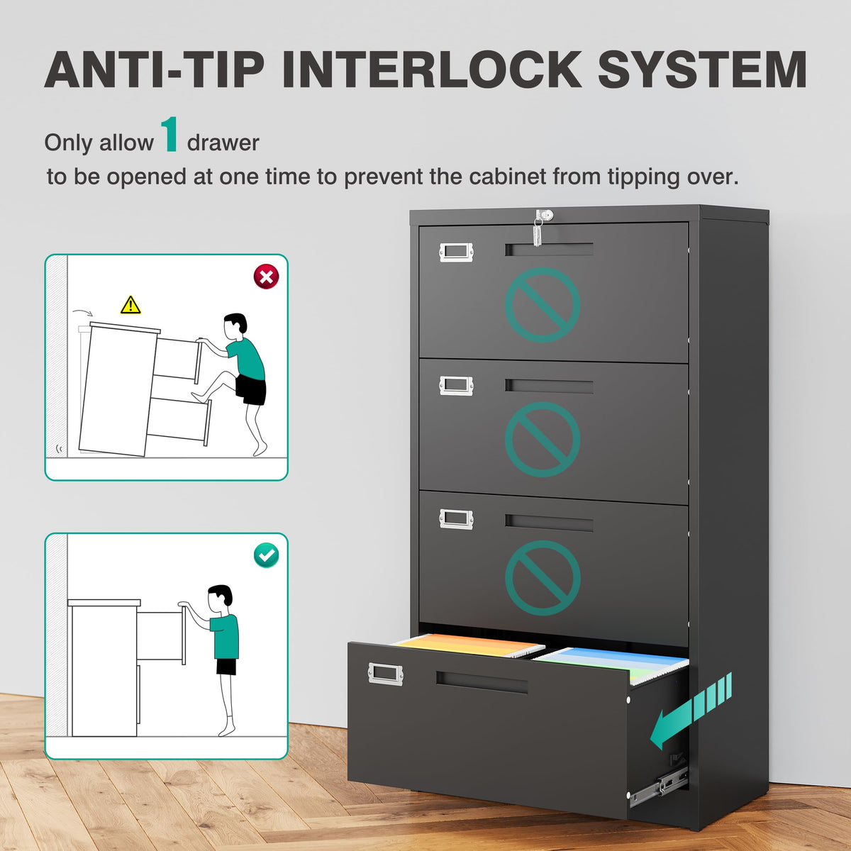 Black 4 Drawer Metal Lateral File Cabinet with Lock H2820