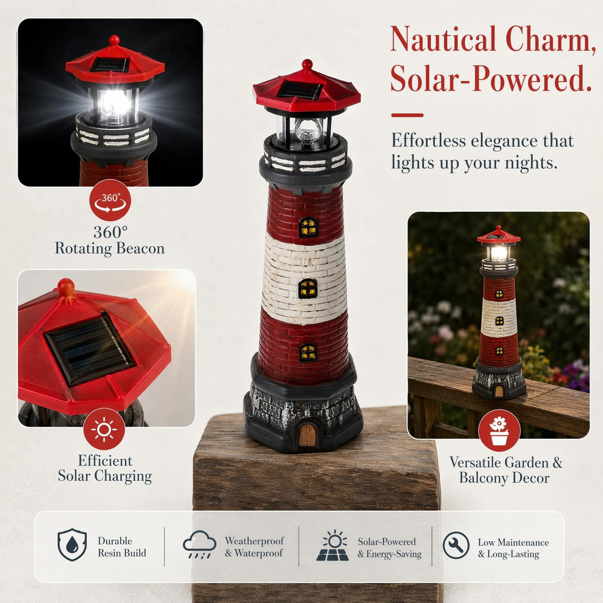 Solar Lighthouse with Rotating LED Lights 15 Inch Tall K359056
