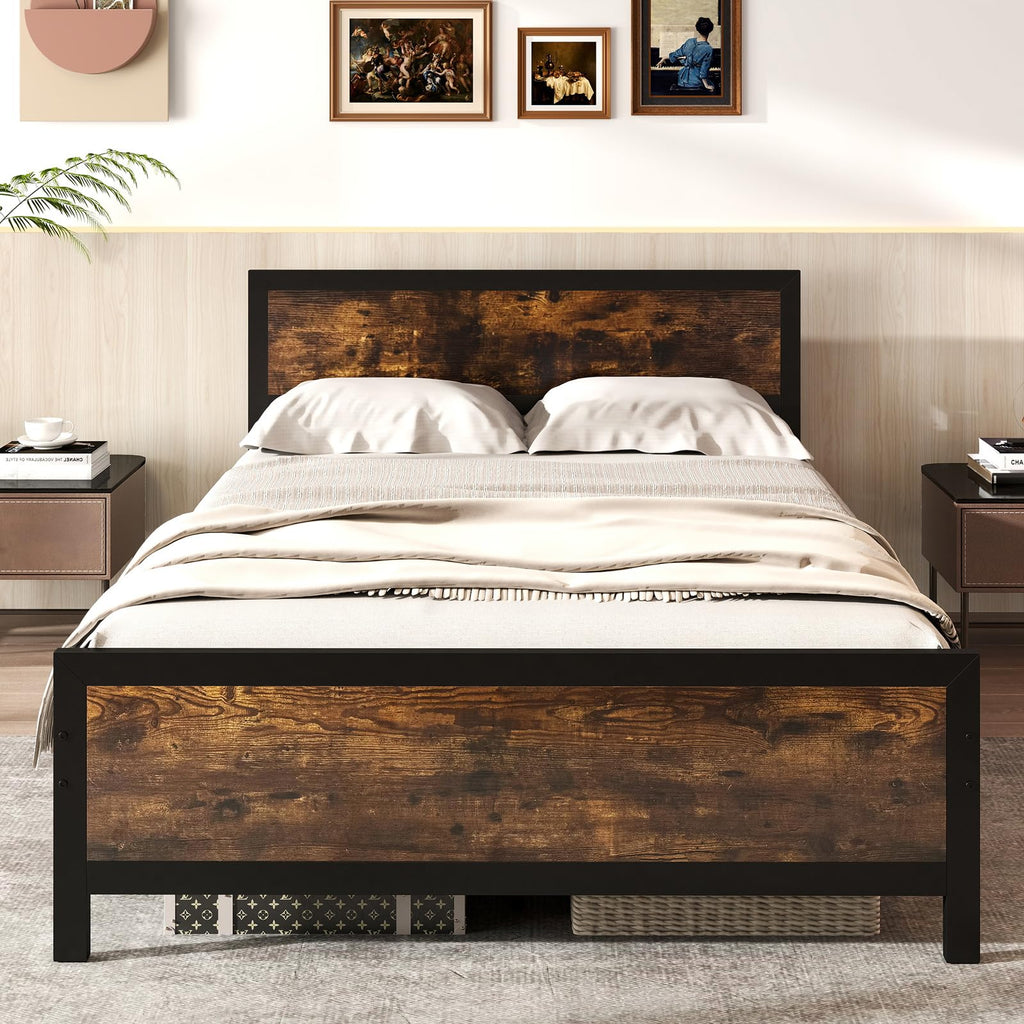 Metal Full Size Platform Bed Frame with Wood Headboard and Footboard K2336