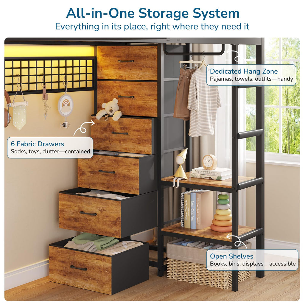 Black Twin Over Twin Triple Bunk Bed with 9 Storage Drawers and LED Lights L7332