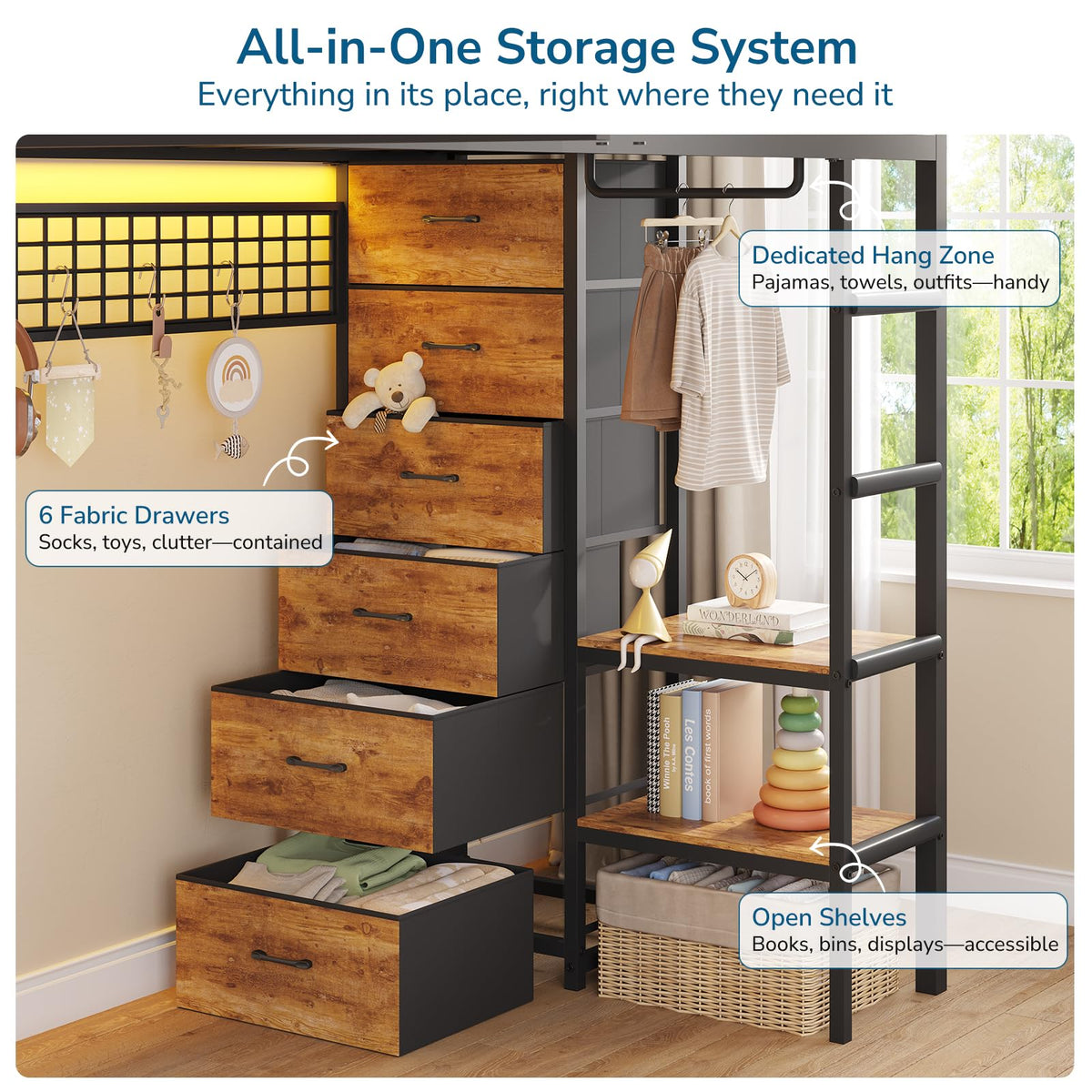 Black Twin Over Twin Triple Bunk Bed with 9 Storage Drawers and LED Lights L7332
