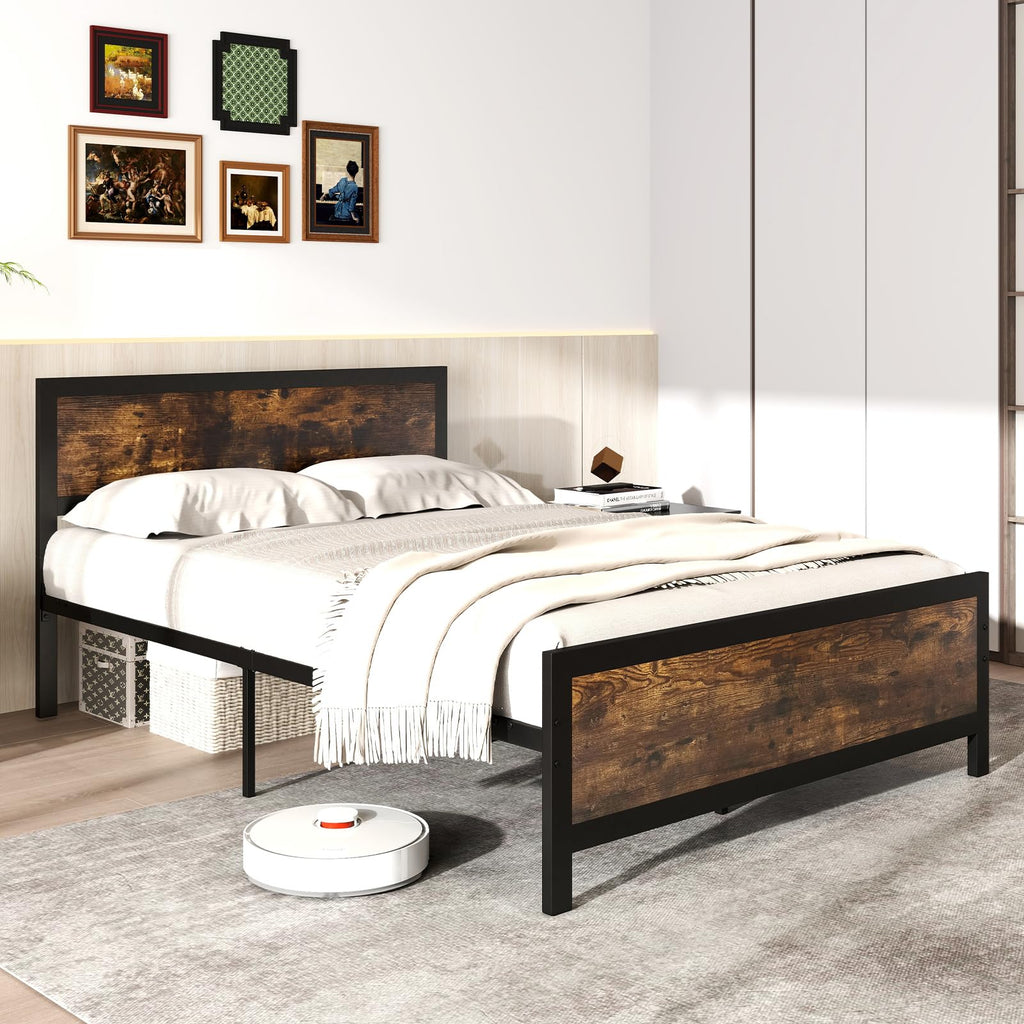 Metal Full Size Platform Bed Frame with Wood Headboard and Footboard K2336