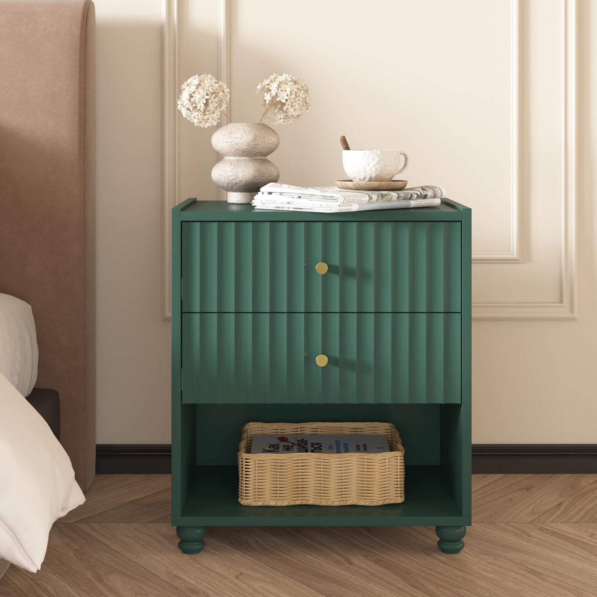 Green 2 Drawer Nightstand with Open Shelf R6871