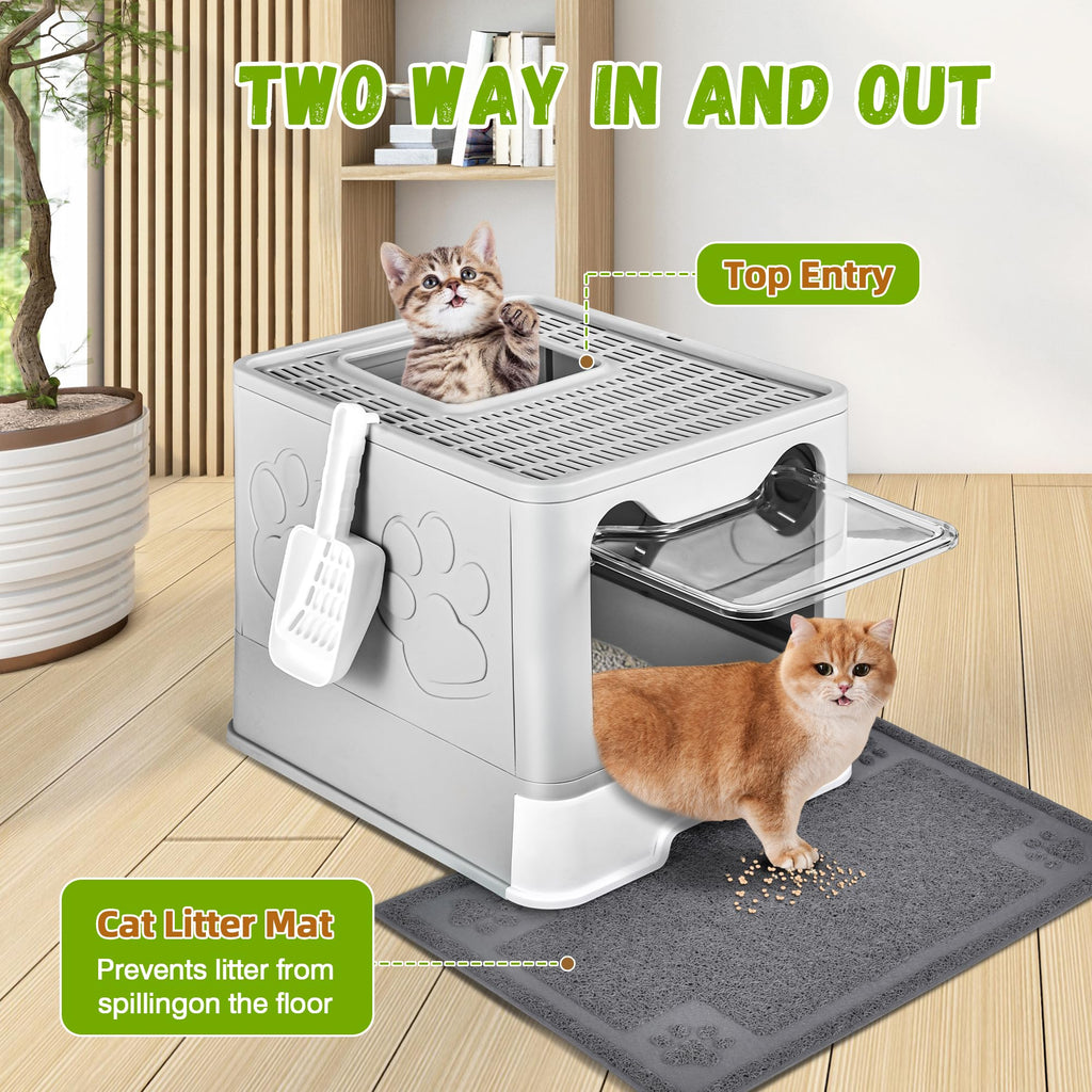 Covered Cat Litter Box, Extra Large Drawer Design with Dual Entry,Pale Grey G3036