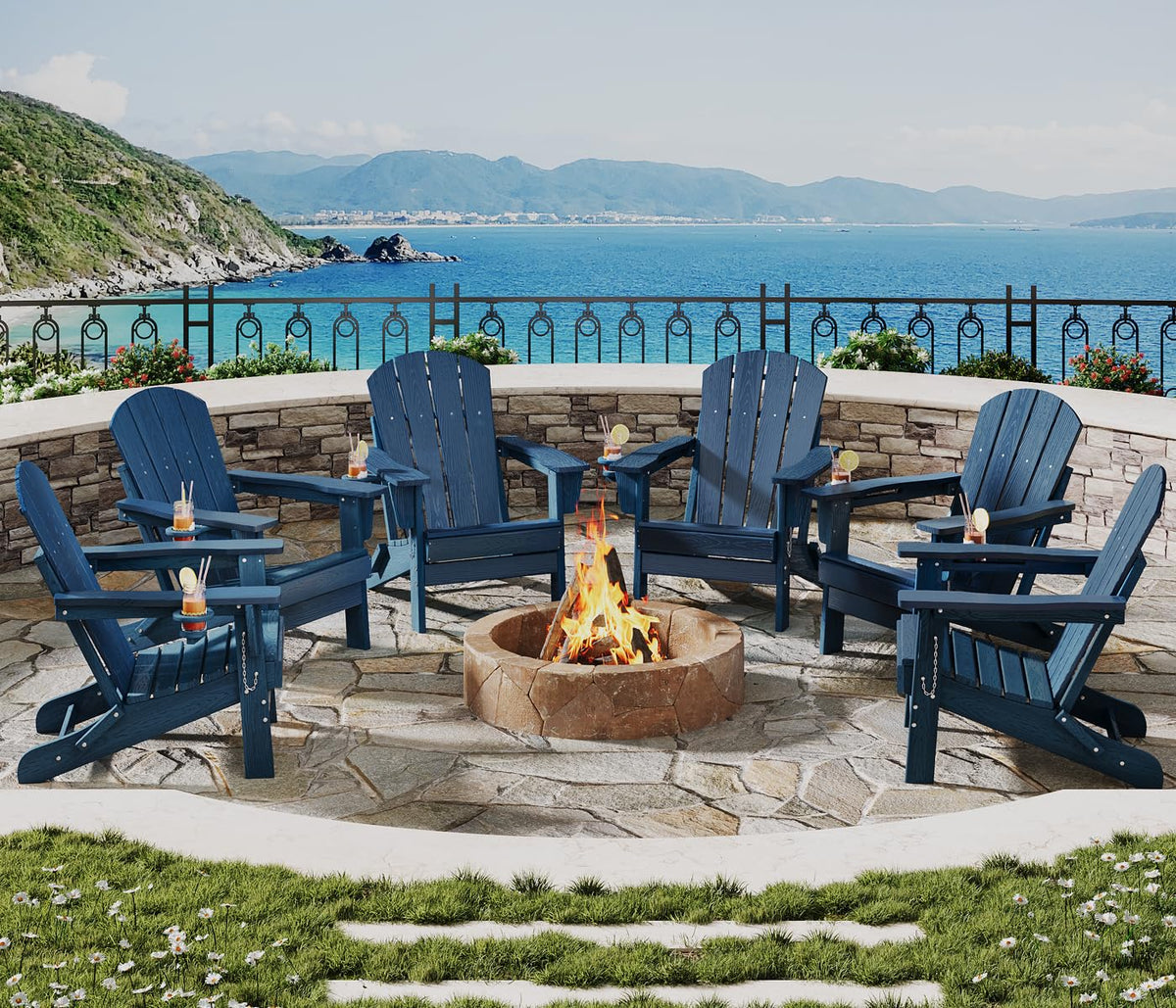 Navy Blue HDPE Folding Adirondack Chair Set of 6 with Cup Holder W3728