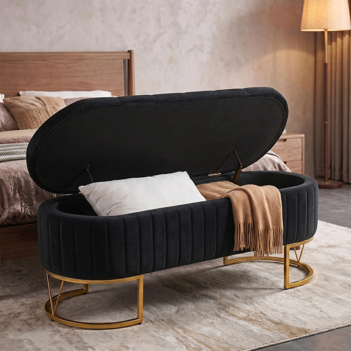 Black Velvet Upholstered Storage Bench L422