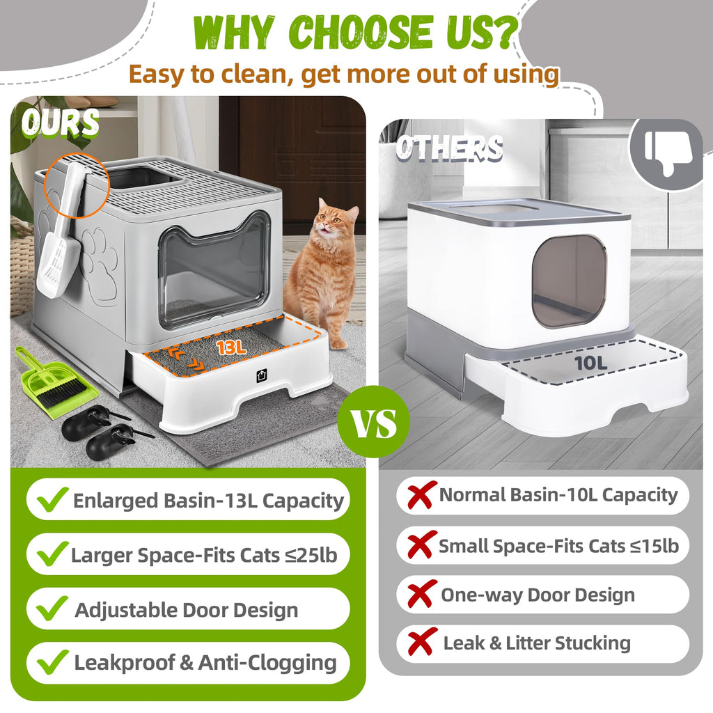 Covered Cat Litter Box, Extra Large Drawer Design with Dual Entry,Pale Grey G3036