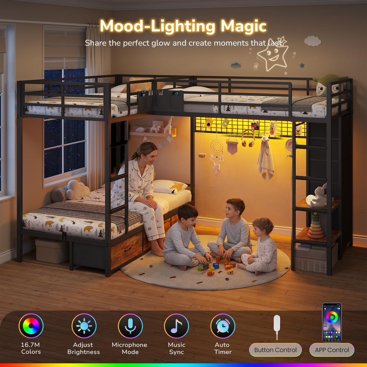 Black Twin Over Twin Triple Bunk Bed with 9 Storage Drawers and LED Lights L7332