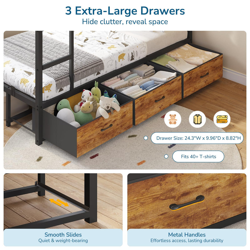 Black Twin Over Twin Triple Bunk Bed with 9 Storage Drawers and LED Lights L7332