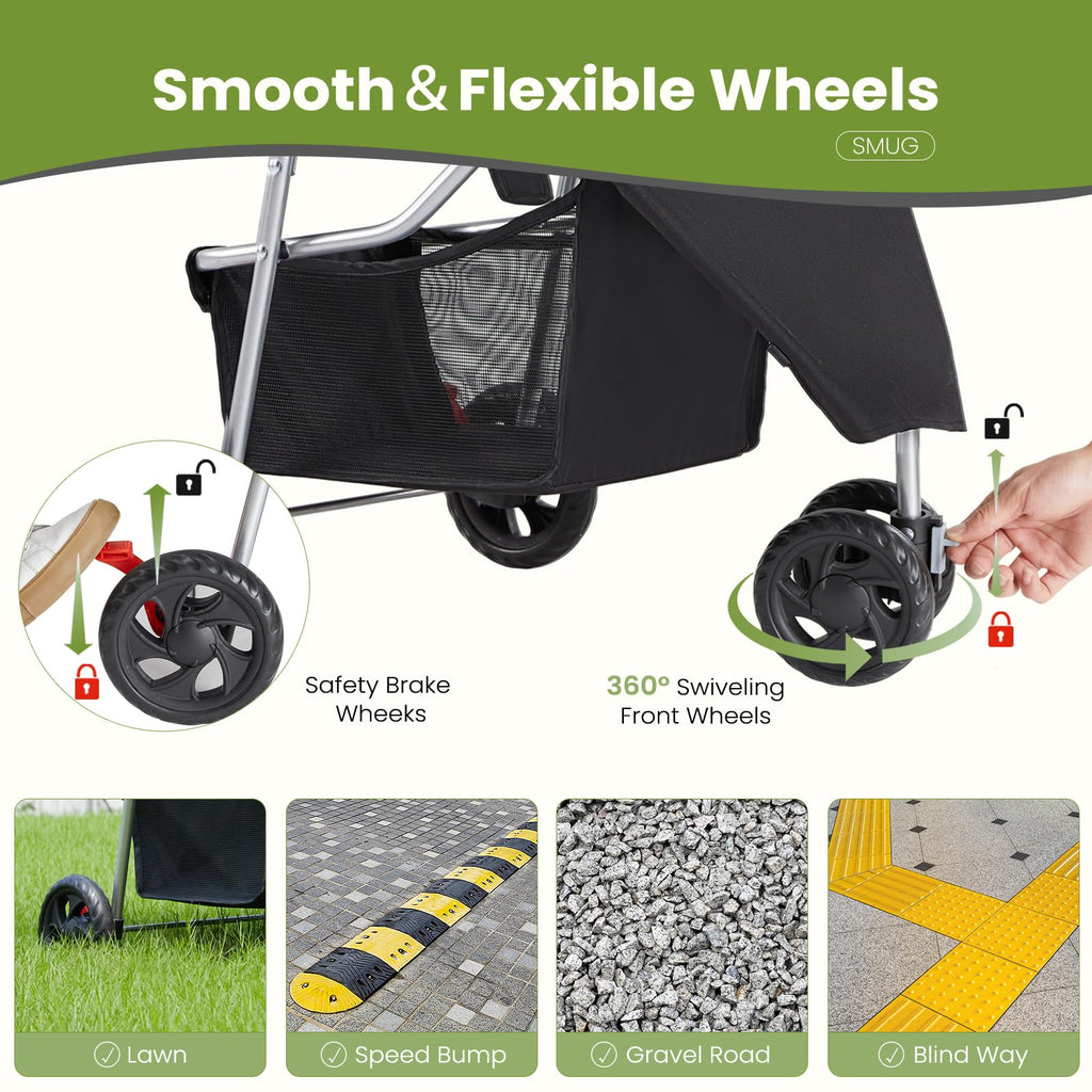 3 Wheels Pet Stroller with Storage Basket and Cup Holder, Black I4384
