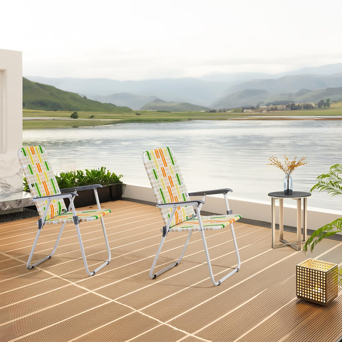 Yellow & Green Webbed Lawn Chairs Set of 2 P427
