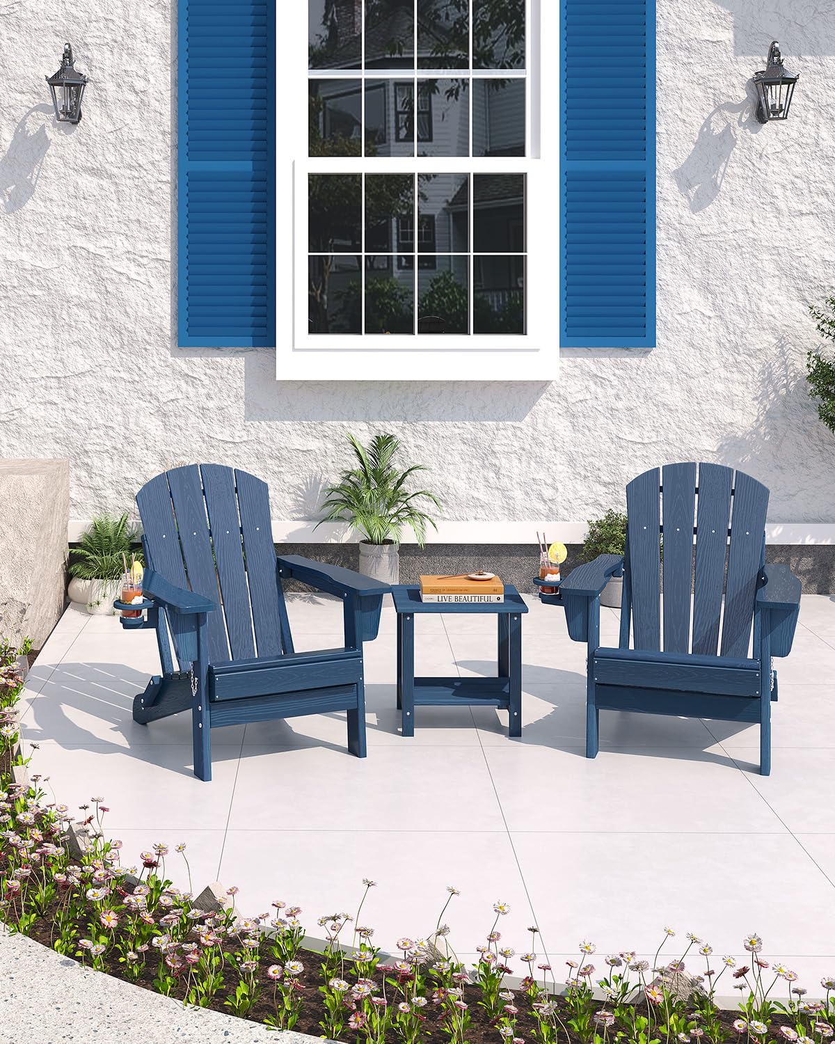 Navy Blue HDPE Folding Adirondack Chair Set of 6 with Cup Holder W3728