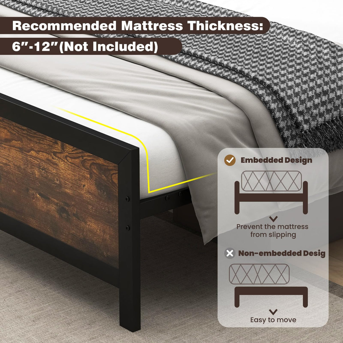 Metal Full Size Platform Bed Frame with Wood Headboard and Footboard K2336