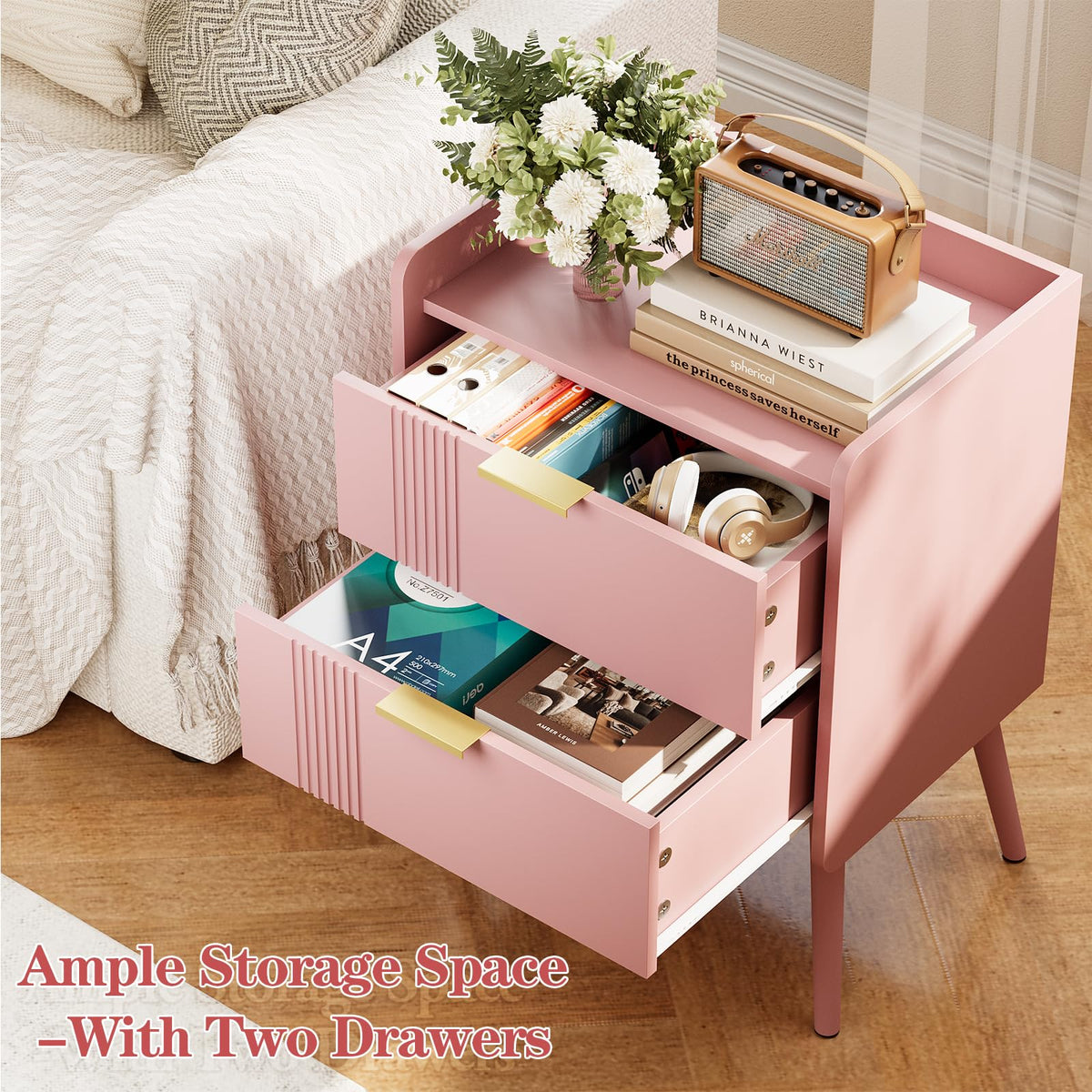 Pink 2 Drawer Wooden Nightstand G65673