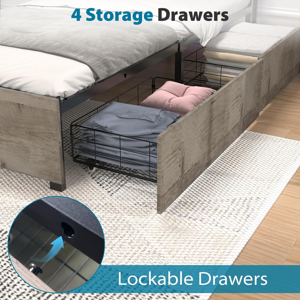 Twin Size Bed Frame with 4 Storage Drawers U810