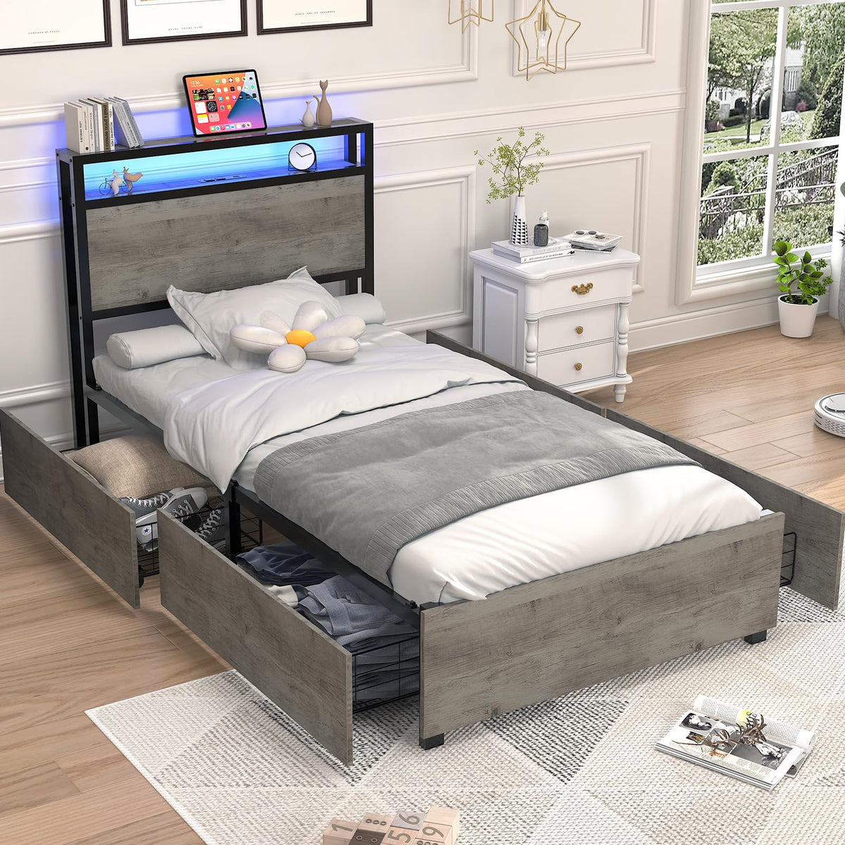 Twin Size Bed Frame with 4 Storage Drawers U810