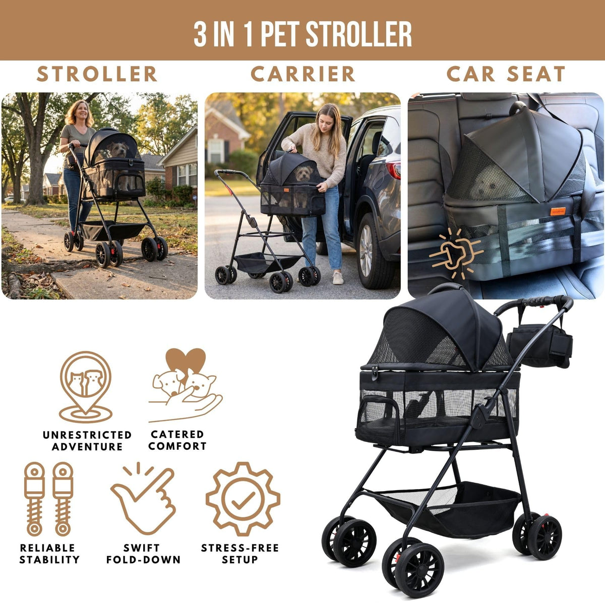 3 in 1 Pet Stroller with Detachable Carrier M7891