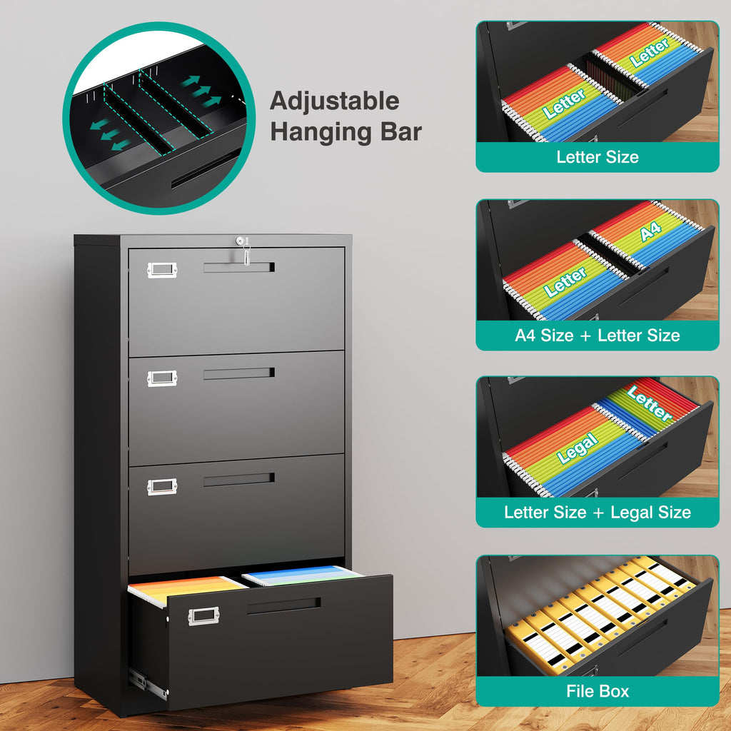 Black 4 Drawer Metal Lateral File Cabinet with Lock H2820