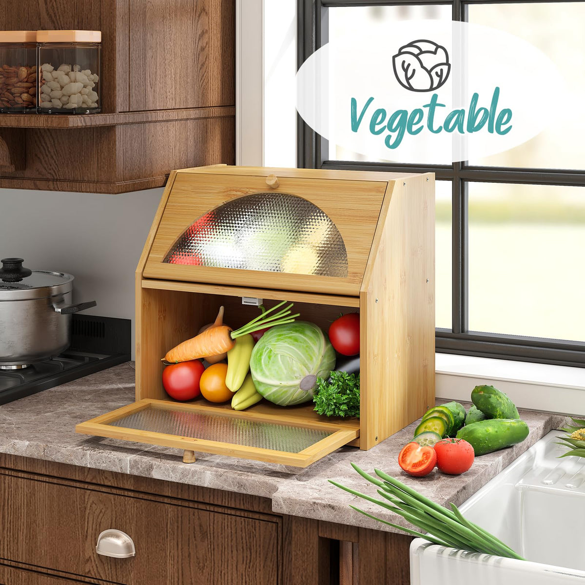 Extra Large Bamboo Wood Double Layer Bread Box X3450