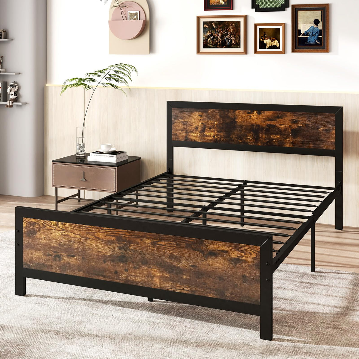 Metal Full Size Platform Bed Frame with Wood Headboard and Footboard K2336