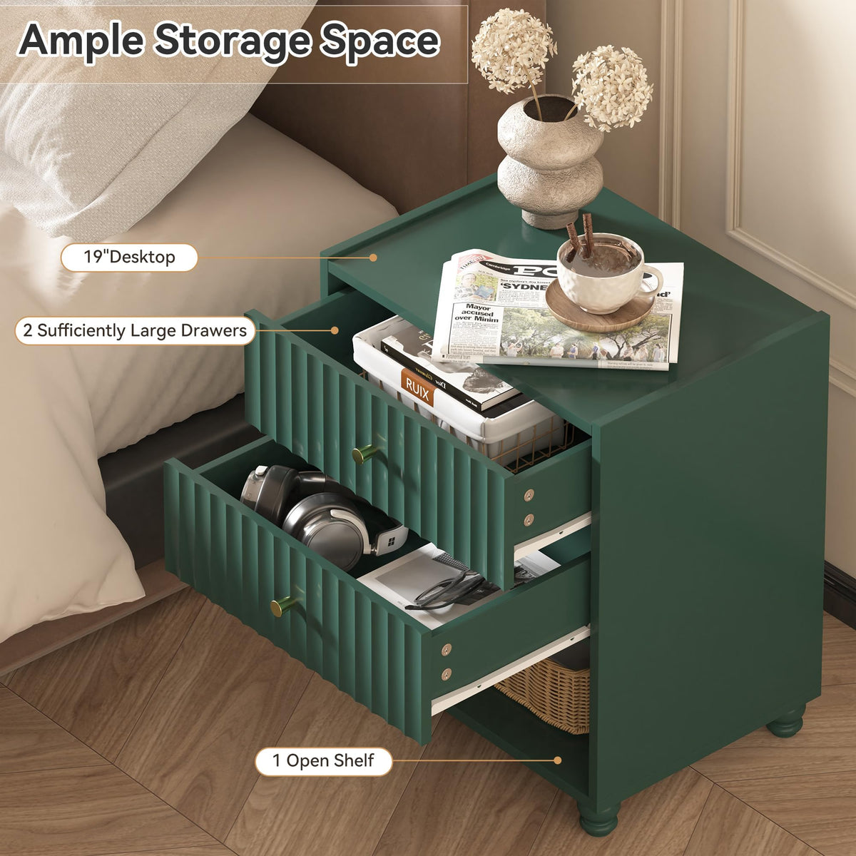 Green 2 Drawer Nightstand with Open Shelf R6871