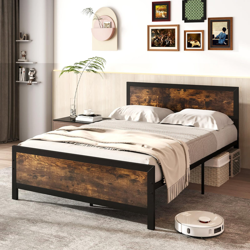 Metal Full Size Platform Bed Frame with Wood Headboard and Footboard K2336