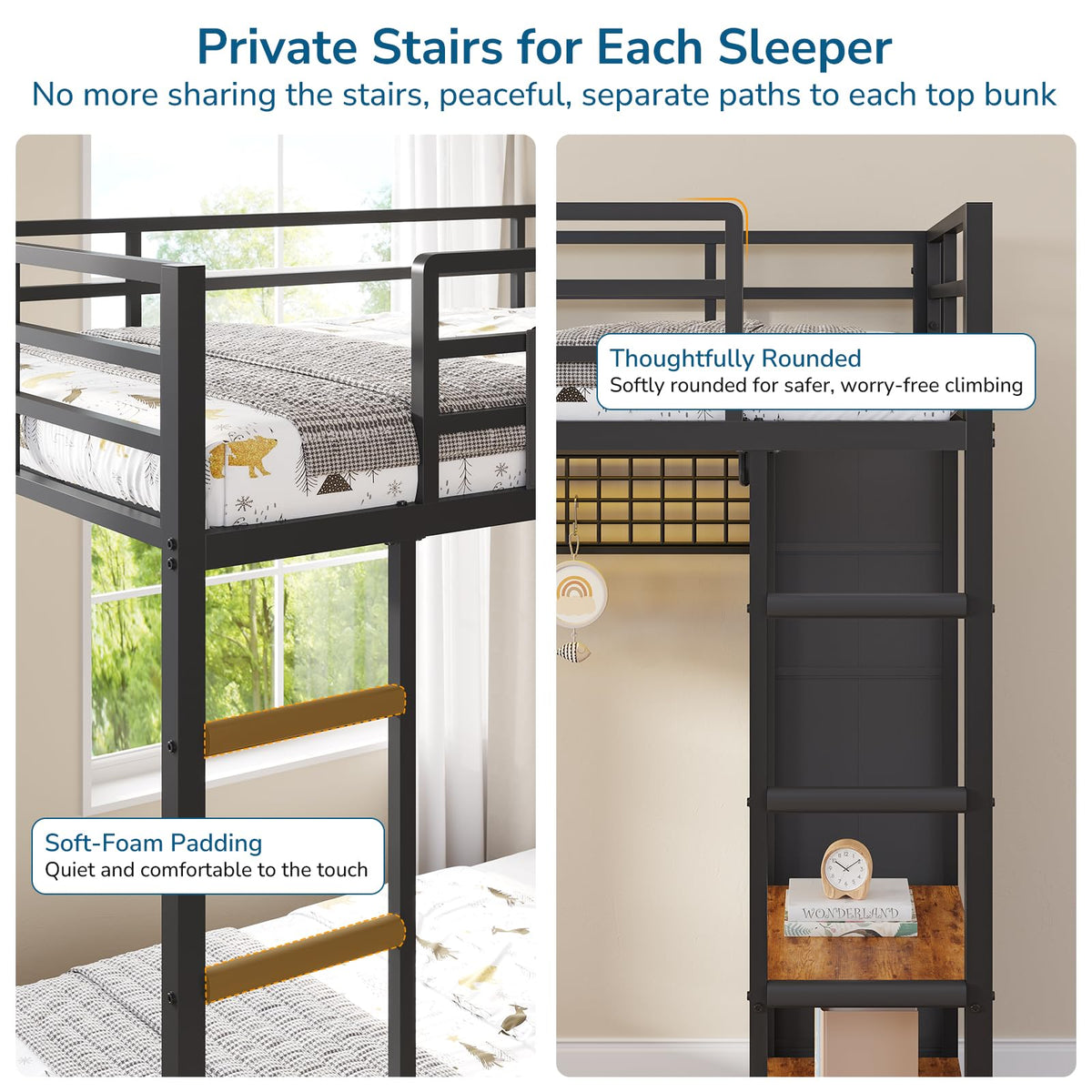 Black Twin Over Twin Triple Bunk Bed with 9 Storage Drawers and LED Lights L7332