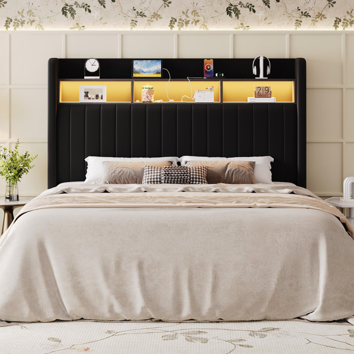 Full Size Velvet Upholstered Platform Bed Frame with Storage Shelf I7326