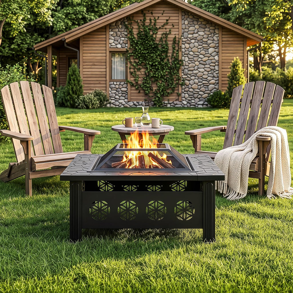32 Inch Square Wood Burning Fire Pit Table with Spark Screen Lid and Fire Poker T48674