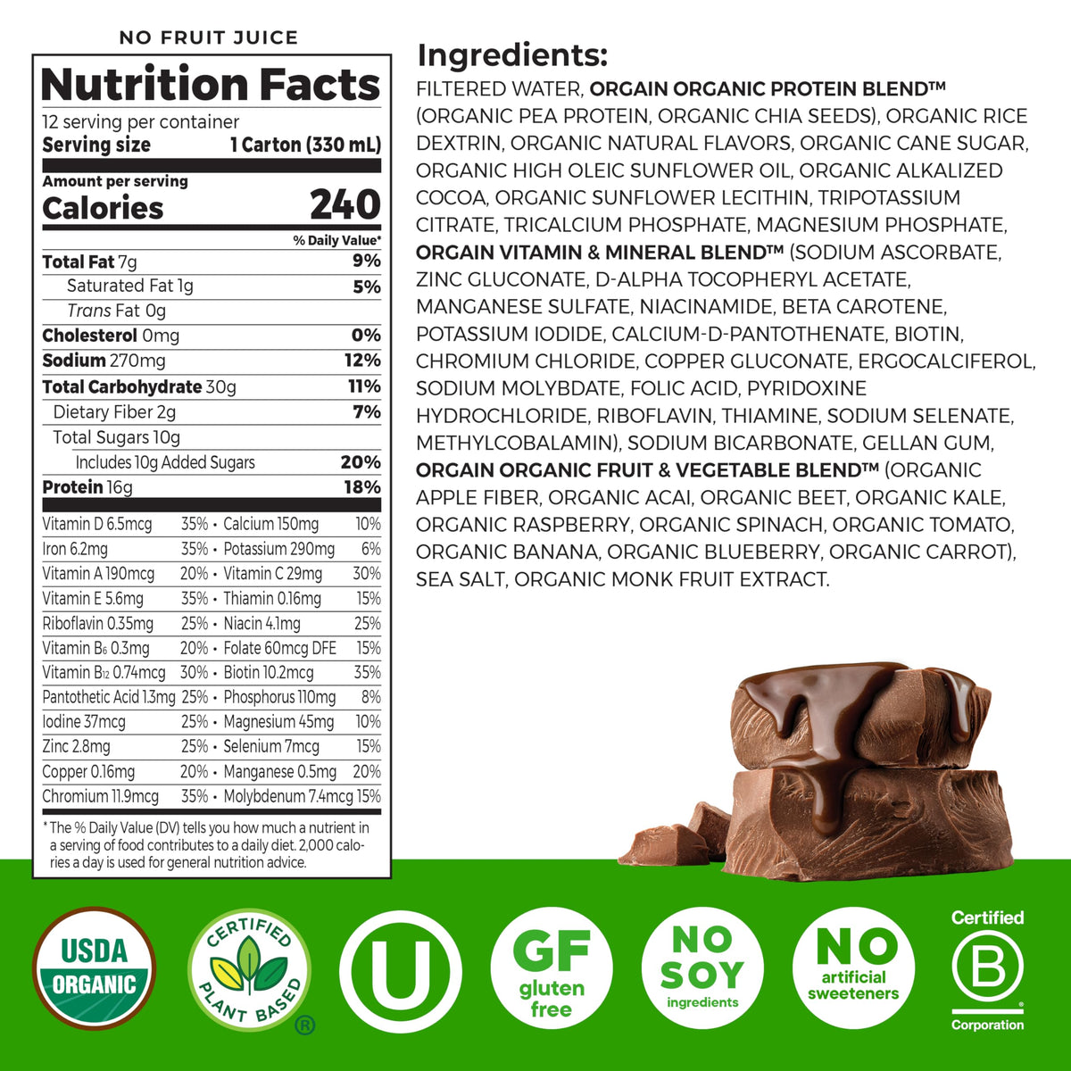 Organic Vegan 16g Protein Shake, Chocolate, 11 oz, 12pk R90866