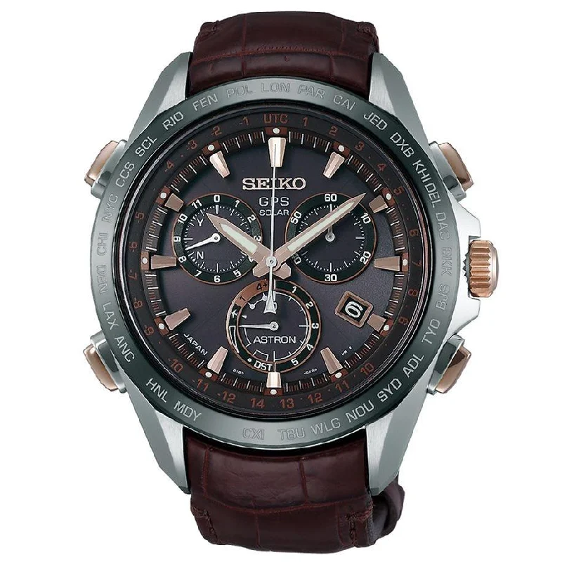 Seiko Men's SSE025 Astron GPS Solar Chronograph World Time Brown Leather Watch