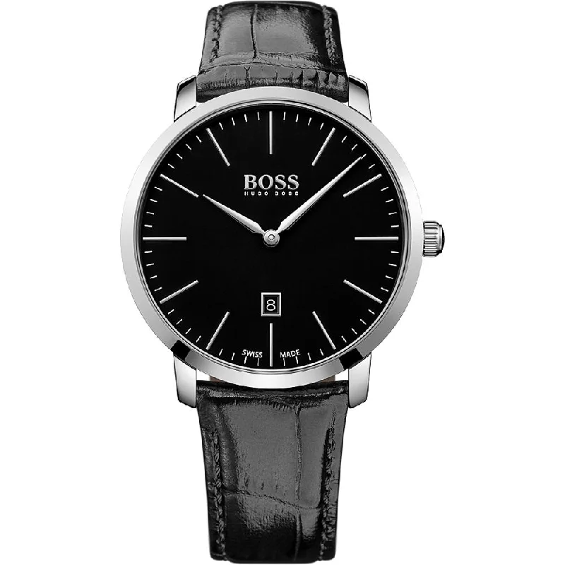 Hugo Boss Men's 1513258 Swiss Made Slim Black Leather Watch