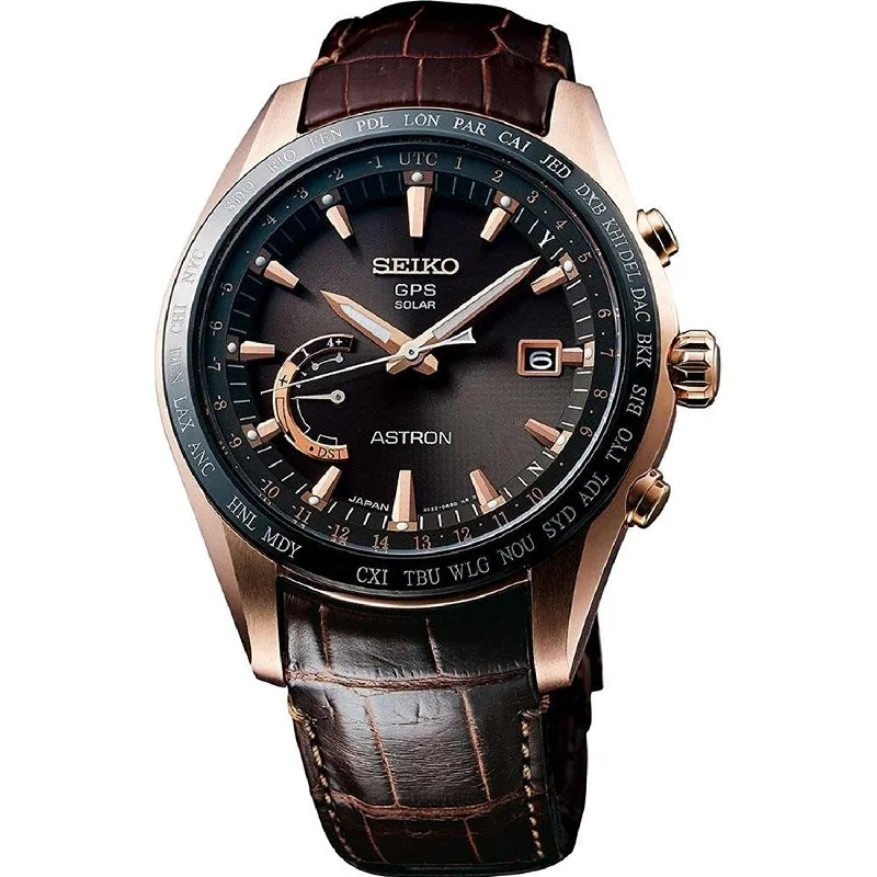 Seiko Men's SSE096 Astron GPS Solar World Time Brown Leather Watch