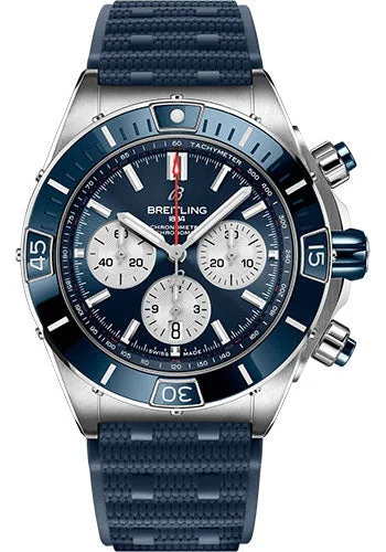 Breitling Super Chronomat B01 44 Watch - Stainless Steel - Blue Dial - Blue Rubber Strap - Folding Buckle - AB0136161C1S1