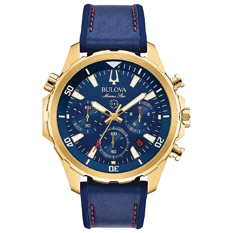 Bulova Men's 97B168 Marine Star Chronograph Blue Silicone with a Blue leather Inlay Watch