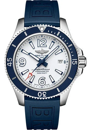 Breitling Superocean Automatic 42 Watch - Stainless Steel - White Dial - Blue Rubber Strap - Folding Buckle - A17366D81A1S2