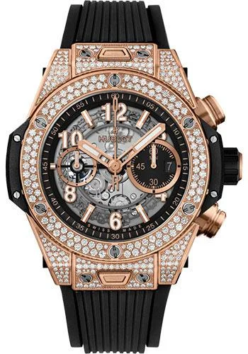 Hublot Big Bang Unico King Gold Pave Watch - 44 mm - Black Skeleton Dial - Black Rubber Strap-421.OX.1180.RX.1704