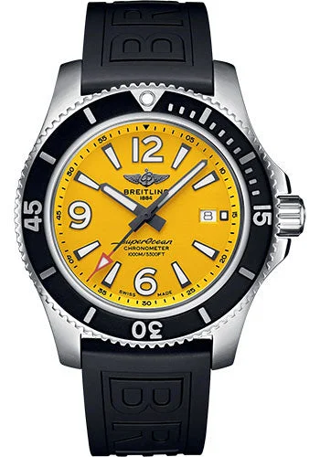 Breitling Superocean Automatic 44 Watch - Stainless Steel - Yellow Dial - Black Rubber Strap - Folding Buckle - A17367021I1S2