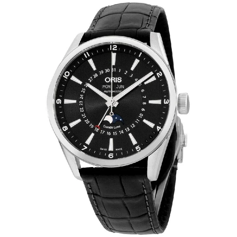 Oris Men's 91576434034LS Artix Moonphase and Date Indicator Around the Inner Rim Black Leather Watch